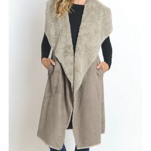 Lovestitch Long Suede Faux Fur Lined Vest neutral beige size Medium